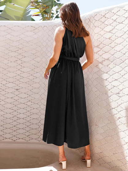 Ruched Single Shoulder Belted Midi Dress