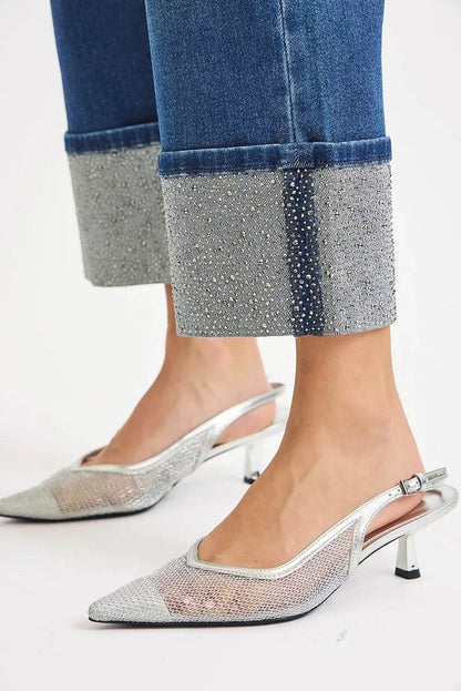 RISEN High Rise Ankle Wide Rhine Stone Cuffed Jeans - Fashions Envy