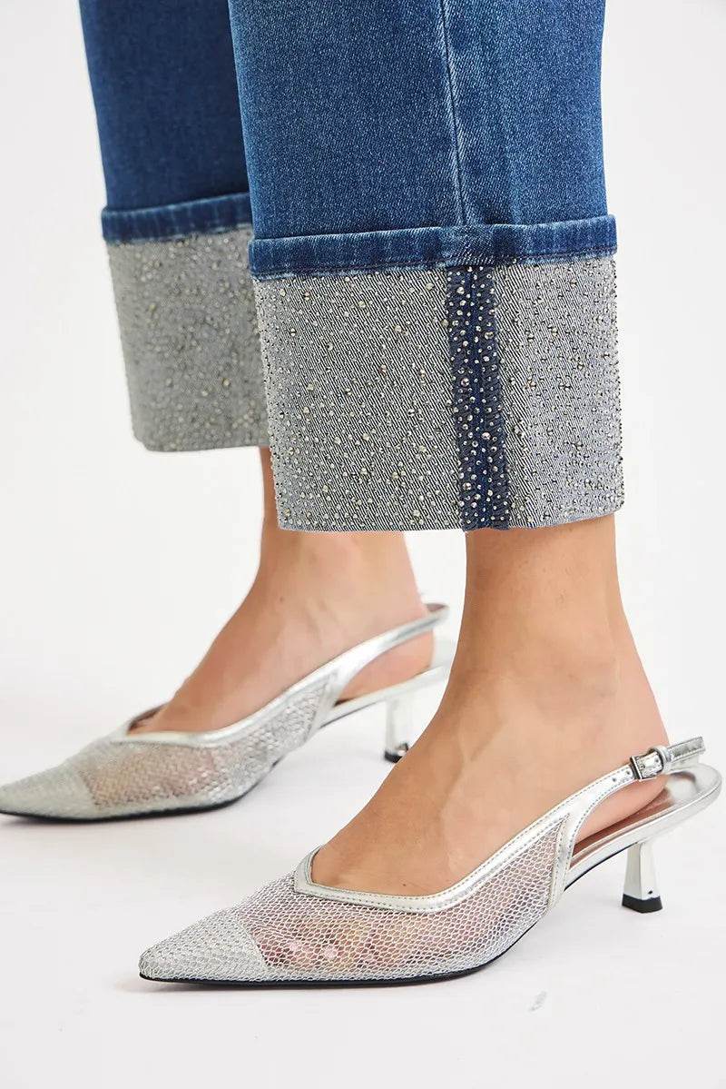 RISEN High Rise Ankle Wide Rhine Stone Cuffed Jeans - Fashions Envy
