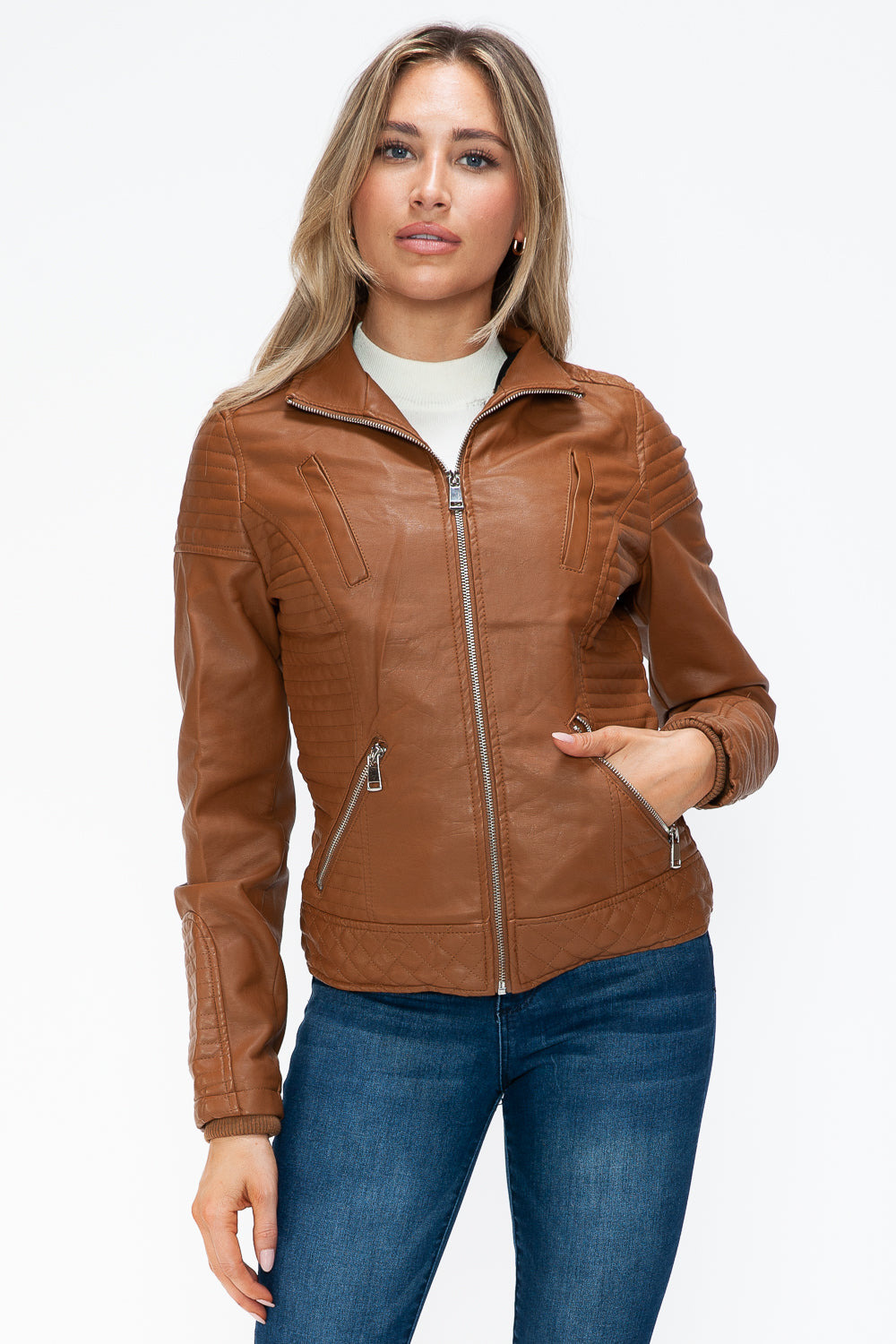 Camel Faux Layered Double-Zipper Jacket with Fuzzy Hood