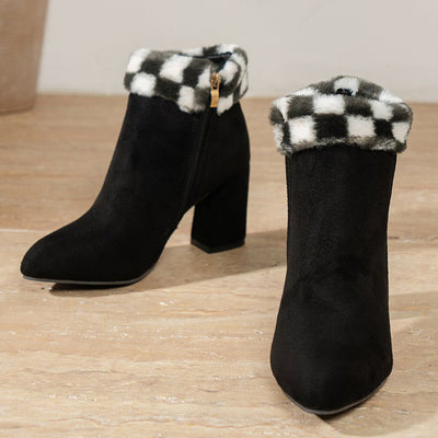 Plaid Ankle Boots - Furry Lined Square Heel Winter Boots