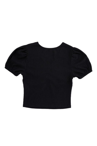 Shirred V-Neck Short Puff Sleeve Top