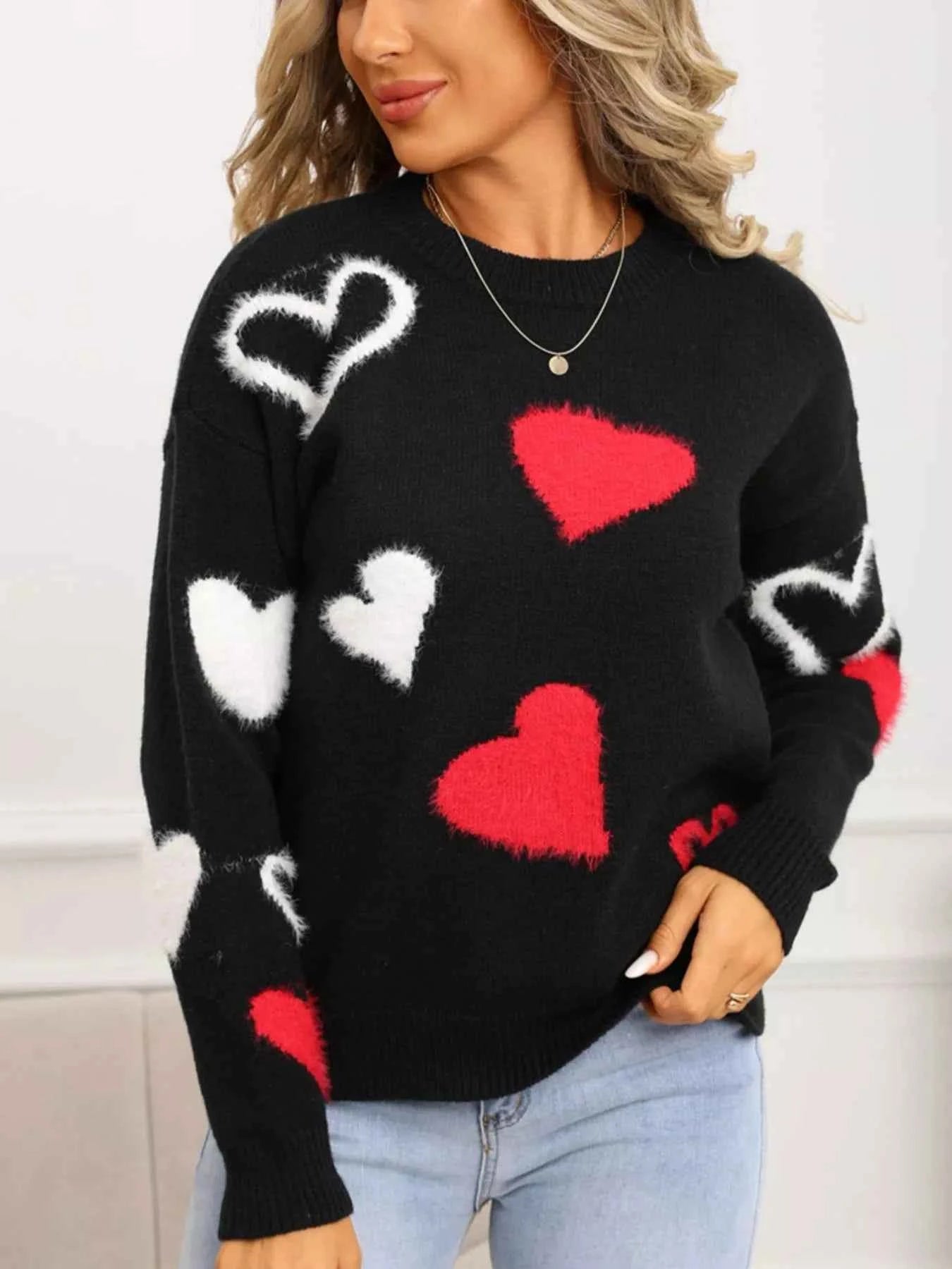 Valentine's Day Heart Pattern Knit Sweater - Fashions Envy