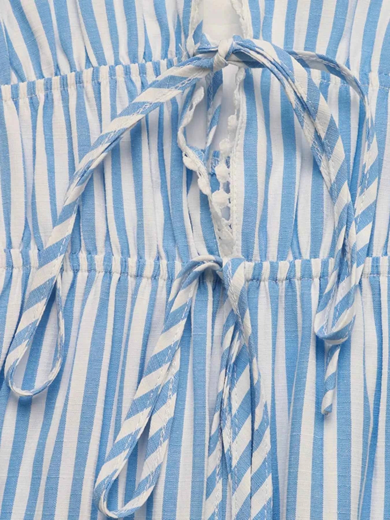 Light Blue Striped Mini Dress - Pom-Pom Hem Tie Front