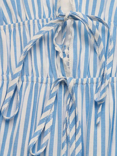 Light Blue Striped Mini Dress - Pom-Pom Hem Tie Front
