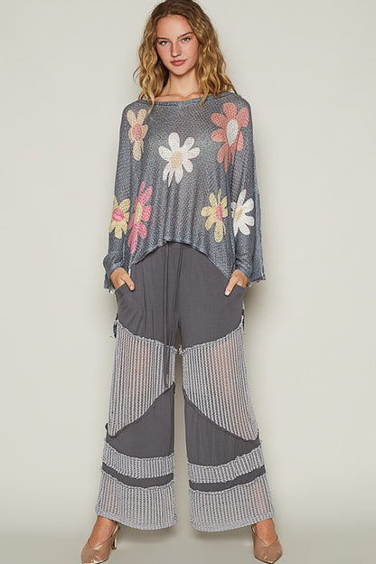 Charcoal Flower Dropped Shoulder Long Sleeve Knit Top