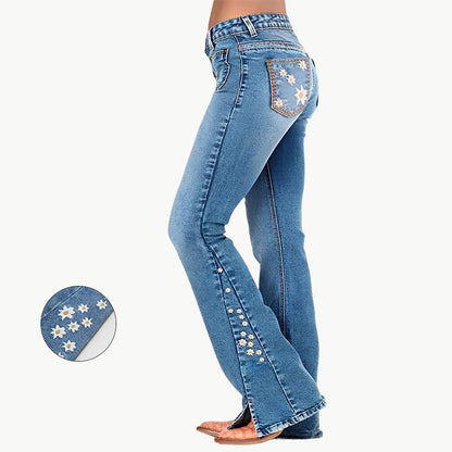 High-Waist Star Patch Slit Leg Jeans - Y2K Retro Denim