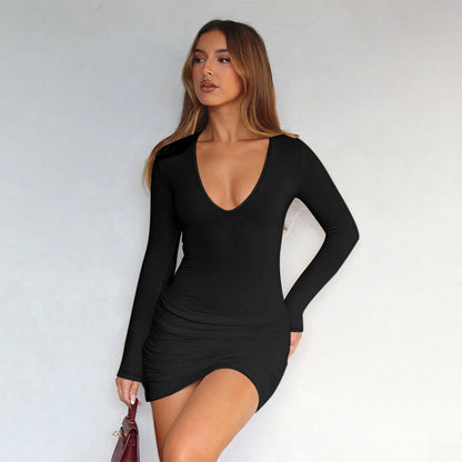 Shirred Elegance Dress - V-Neck Bodycon Mini
