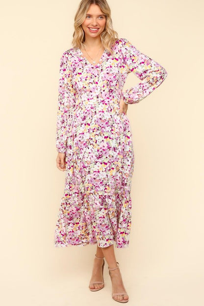 Lilac Full Size Floral V-Neck Long Sleeve Dress with Side Pockets