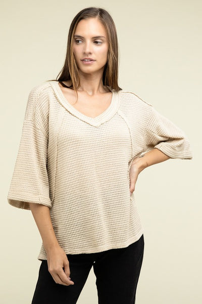 Brushed Waffle Exposed-Seam 3/4 Sleeve Top - Fashions Envy