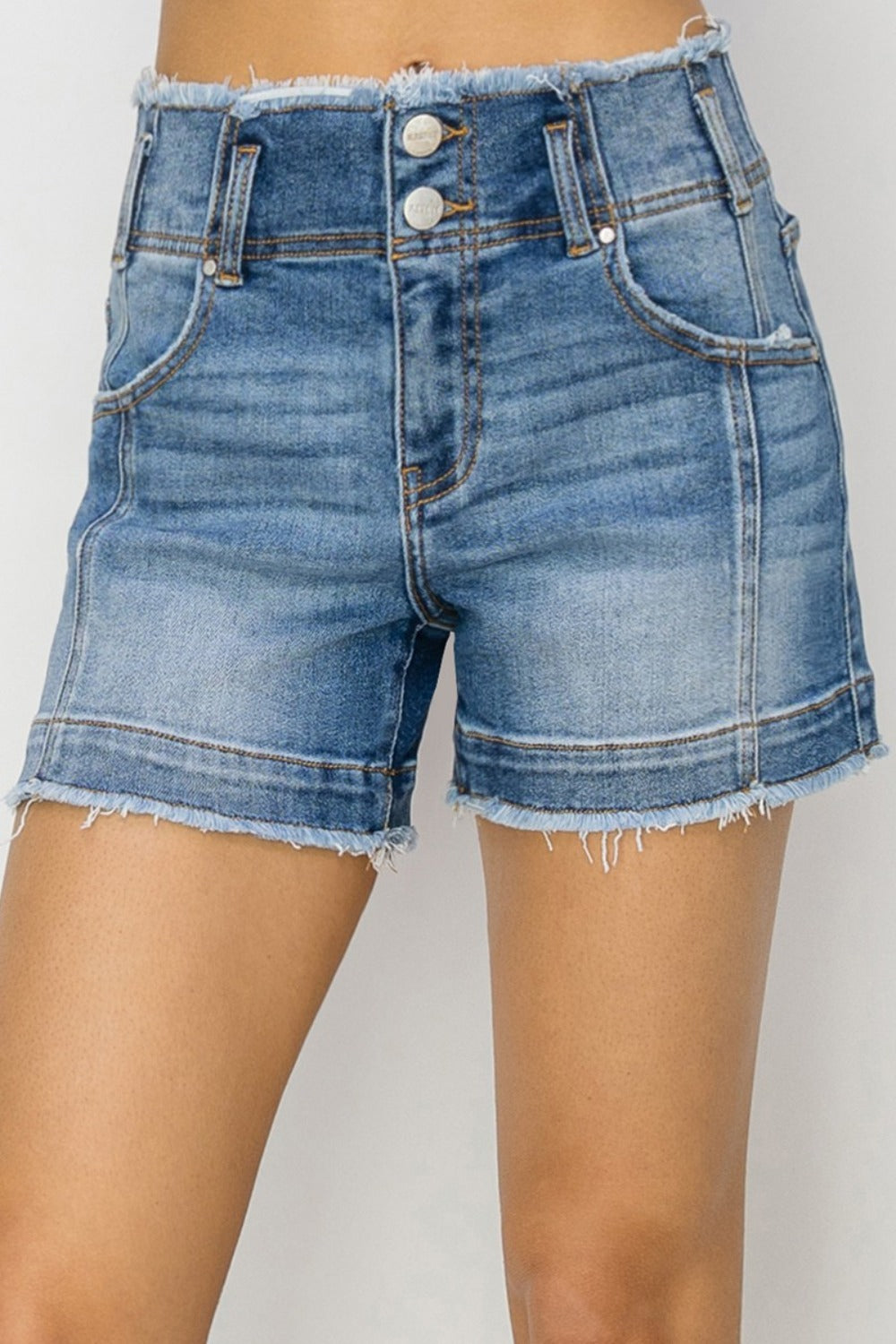 High Rise Seam Detailed Raw Edge Risen Denim Shorts