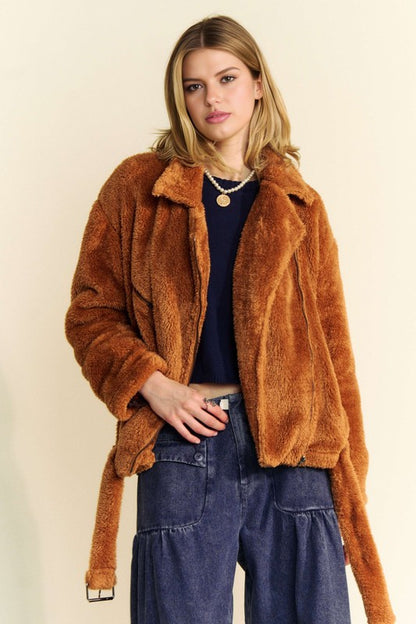 Brown Fuzzy Zip Up Collared Neck Jacket