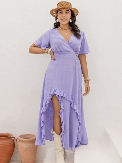 Lavender Plus Size Swiss Dot High-Low Surplice Dress