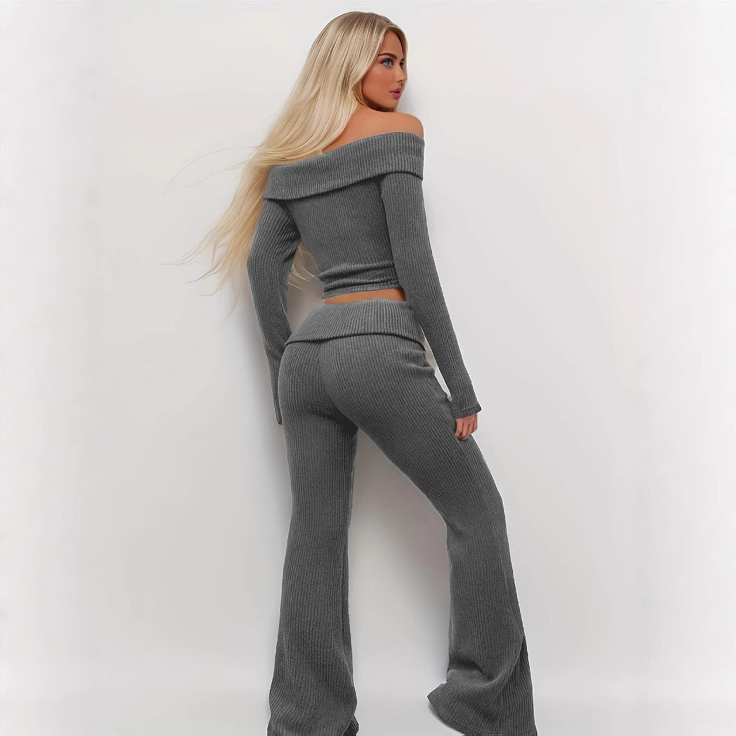 Gray Lounge Set - Off-Shoulder Top & Flared Pants