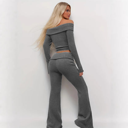 Gray Lounge Set - Off-Shoulder Top & Flared Pants