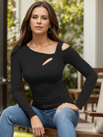 Cutout Asymmetrical Neck Long Sleeve T-Shirt - Fashions Envy