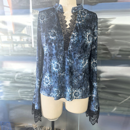 Lace Panel Blouse - Retro V-Neck Bell Sleeve Top