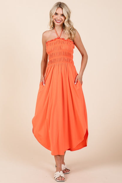 Living Coral Tie Back Shirring Dress with Pockets