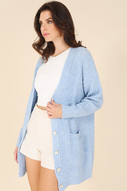 Light Blue Wool Blended Stretch Cable Knitted Cardigan