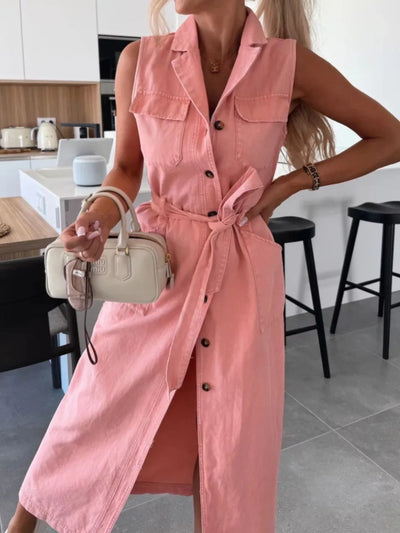 Button Front Sleeveless Denim Dress - Fashions Envy