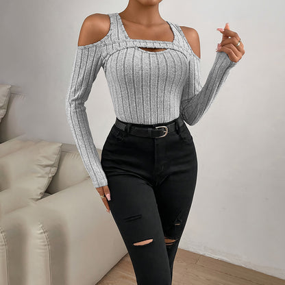 Cold Shoulder Ribbed Top - Cutout Long Sleeve Top
