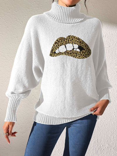 Lip Turtleneck Long Sleeve Sweater - Fashions Envy