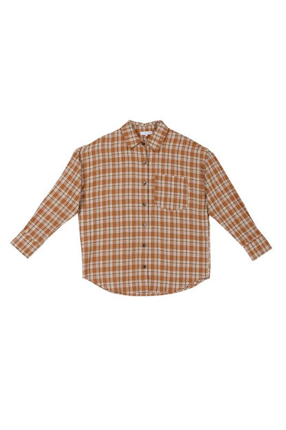 Autumn Beige Drop Shoulder Plaid Button Down Shirt