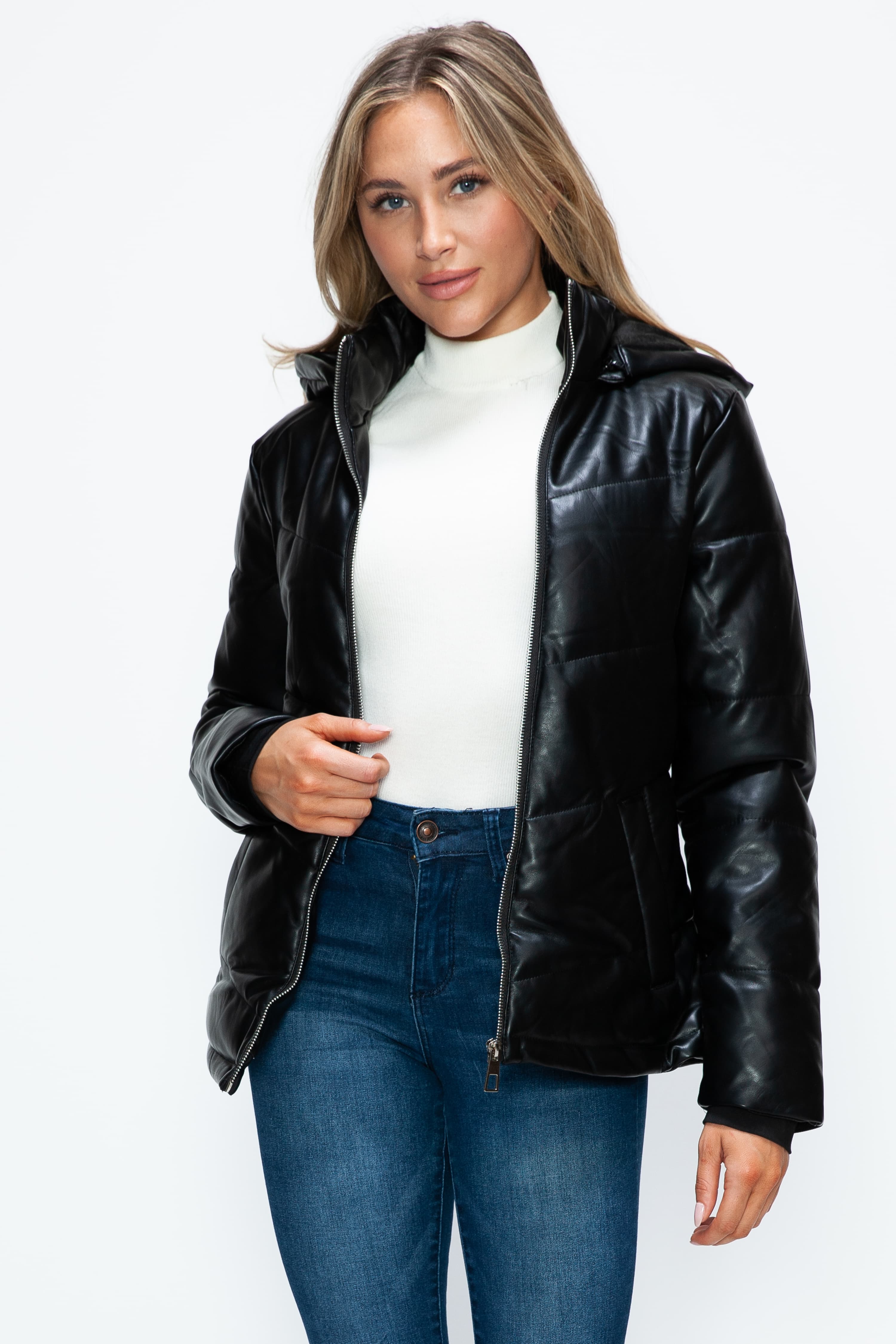 Black Pocketed Zip Up Puffer Jacket with Removable Hood