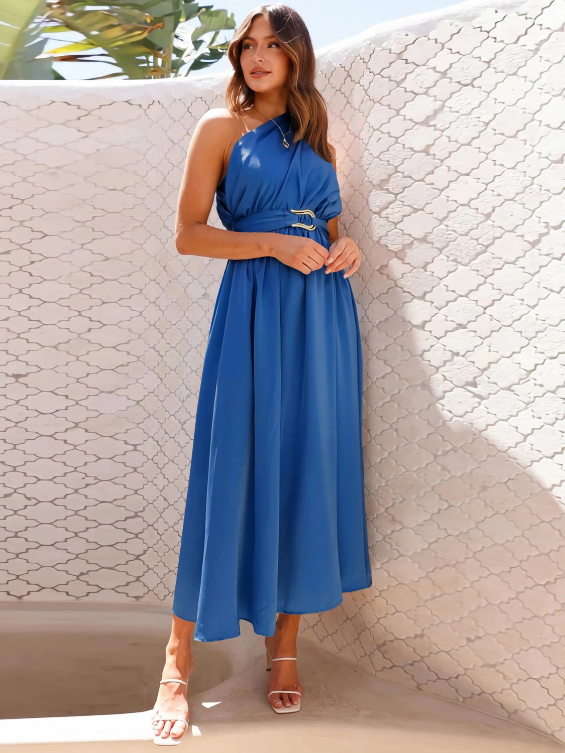 Ruched Single Shoulder Belted Midi Dress