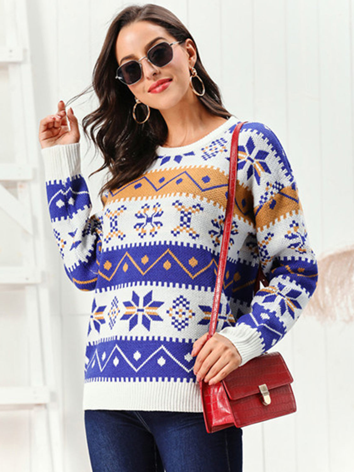 Snowflake Pattern Round Neck Sweater - Fashions Envy