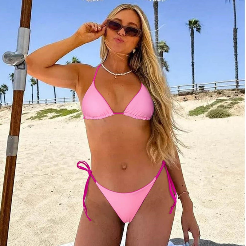 Double-layer Fabric Lace-up Pure Color Halter Bikini Swimsuit