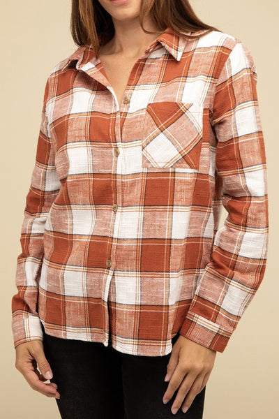 Cotton Plaid Shacket With Front Pocket - Fashions Envy