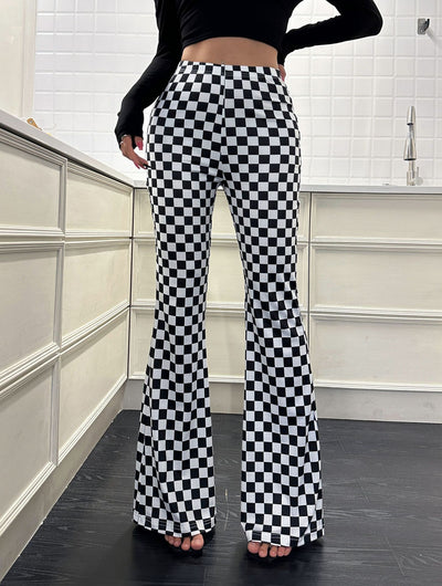 Checkered Flare Pants - High Waist Bell Bottom Yoga Pants