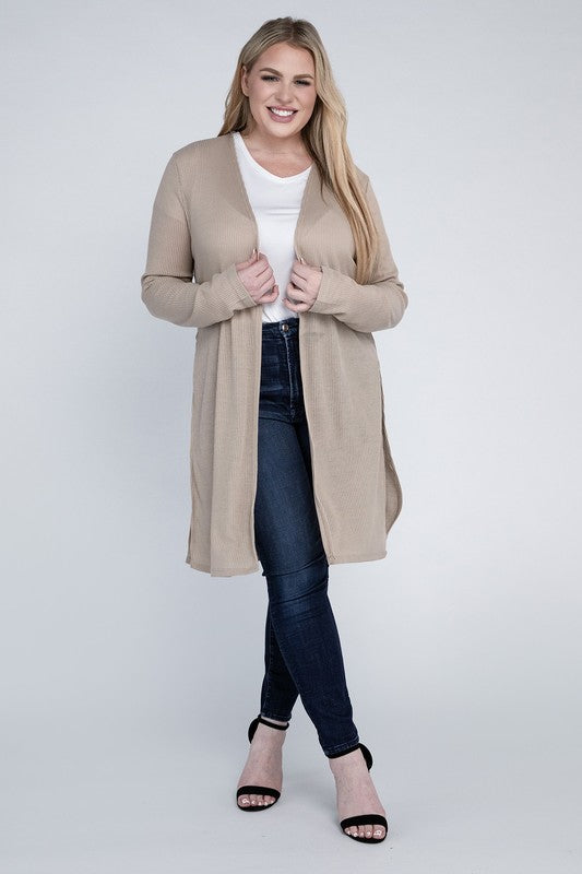 Plus Open Front Side Slit Everyday Long Cardigan