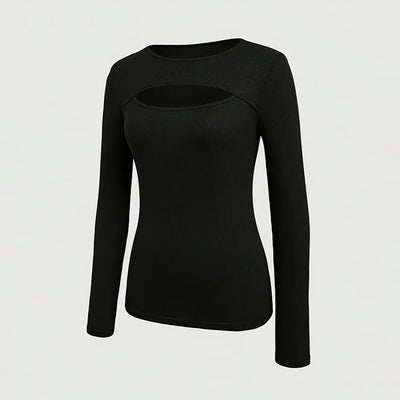 Long Sleeve Top - Ribbed Cut-Out Fitted Casual