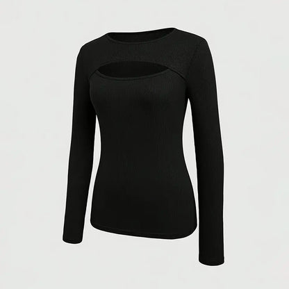 Long Sleeve Top - Ribbed Cut-Out Fitted Casual