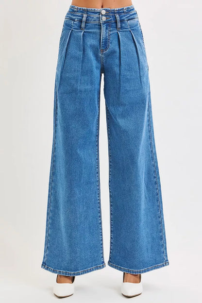 RISEN Wide Leg Jeans - Mid Rise Pleated Detail - Fashions Envy