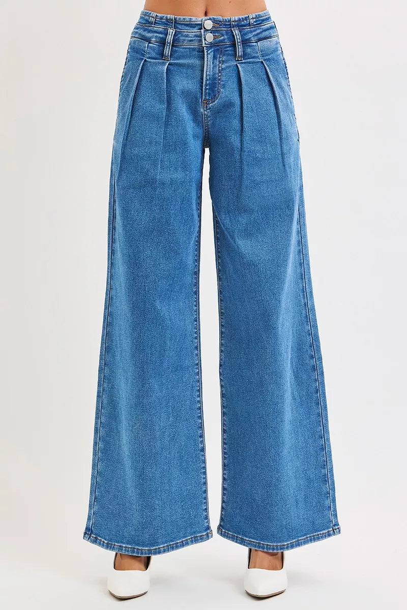 RISEN Wide Leg Jeans - Mid Rise Pleated Detail - Fashions Envy
