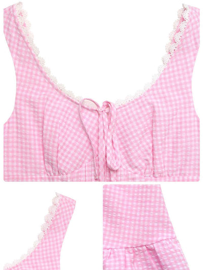Gingham Lace Trim Mini Dress - Smocked Tie Strap
