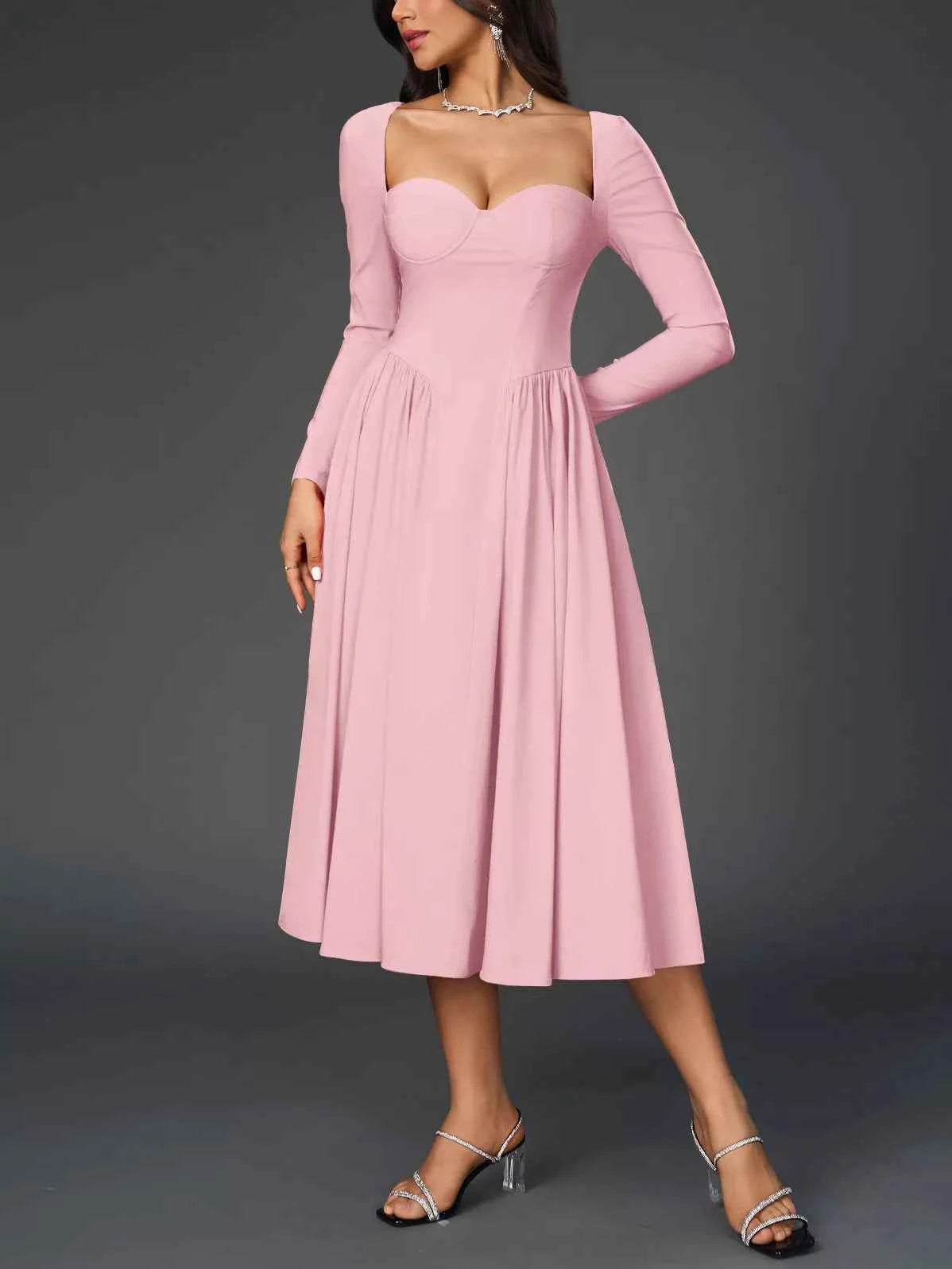 Sweetheart Neckline Long Sleeve A-Line Midi Dress