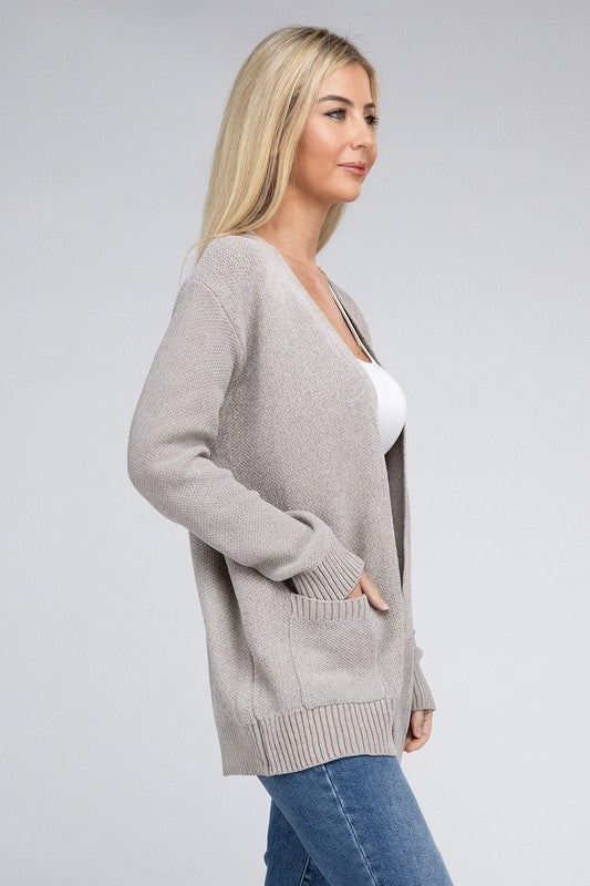 Melange Open Front Sweater Cardigan with Front Pockets