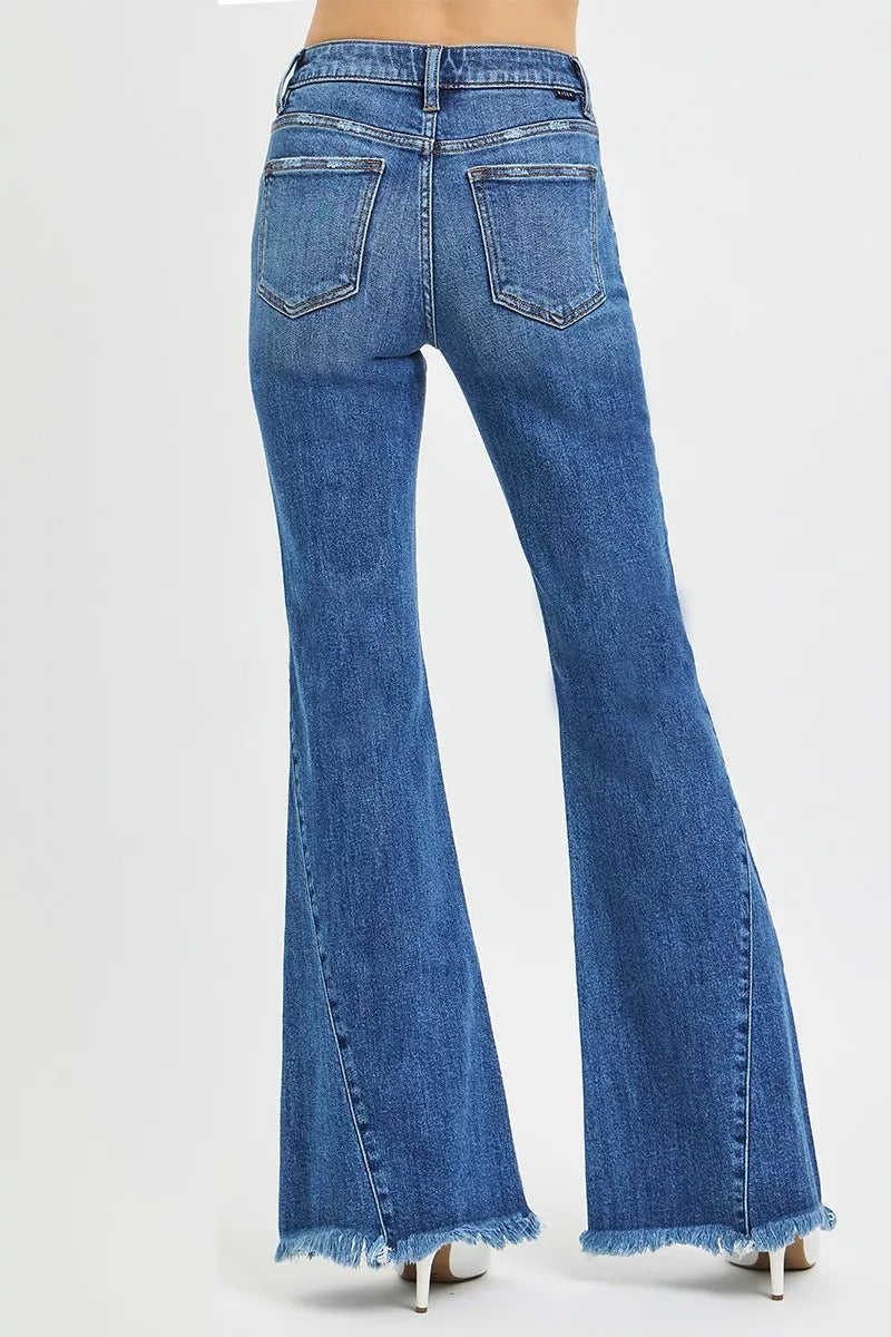 RISEN Flare Jeans - Women's Mid Rise Side Seam Detail - Fashions Envy