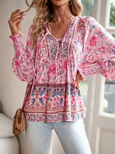 Bohemian Blouse - Floral Print Tie Neck - Fashions Envy