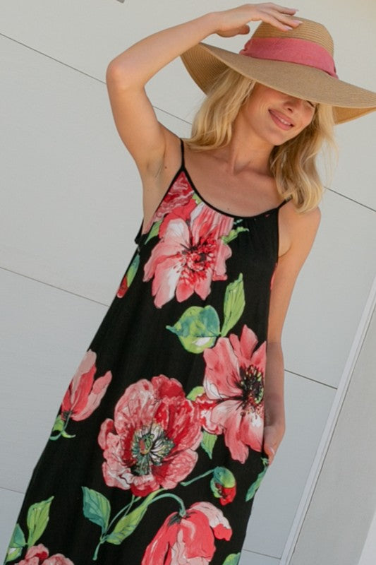 Floral Halter Round Neck Maxi Dress with Pockets