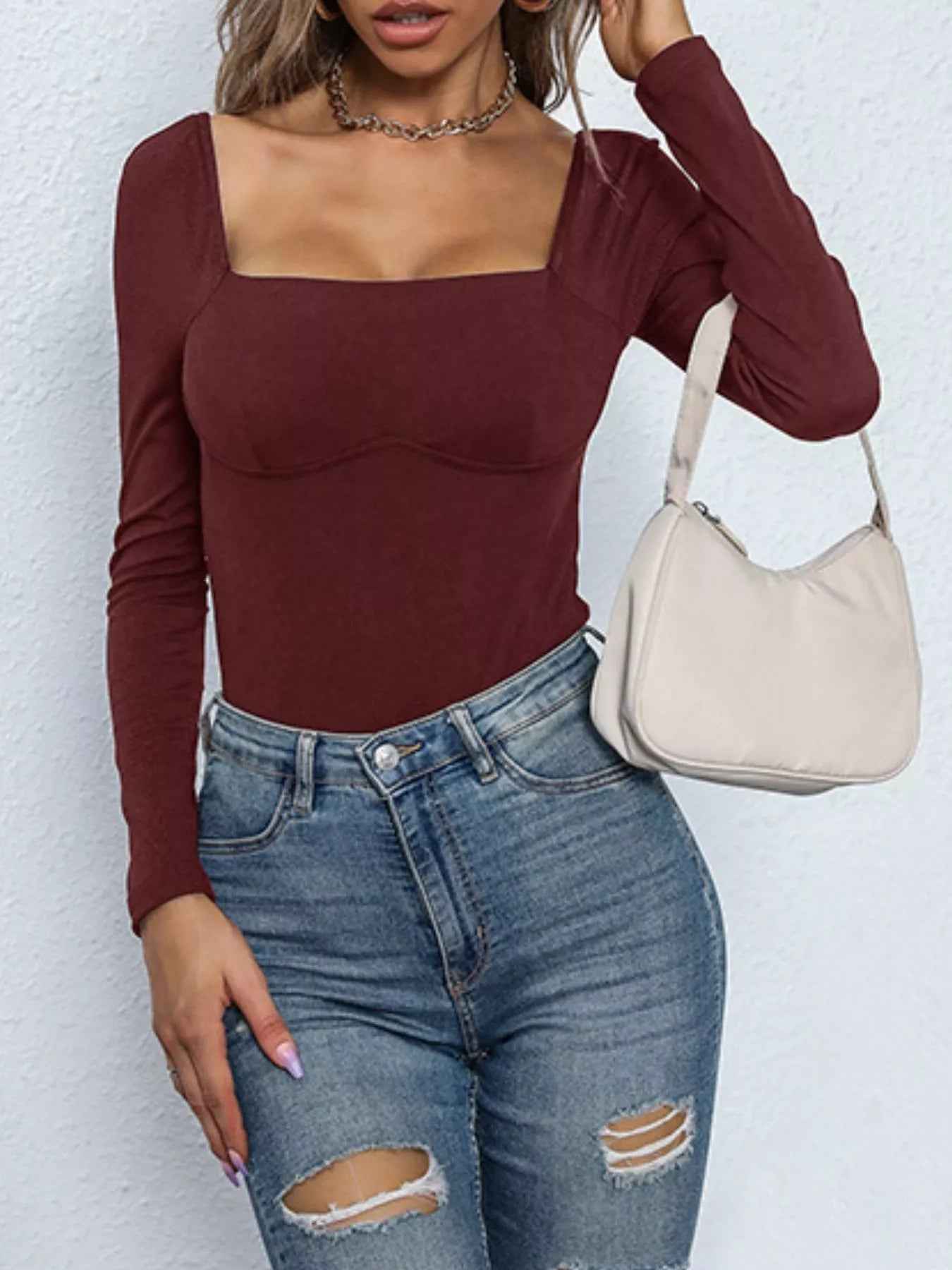Square Neck Long Sleeve Bodysuit - Fashions Envy