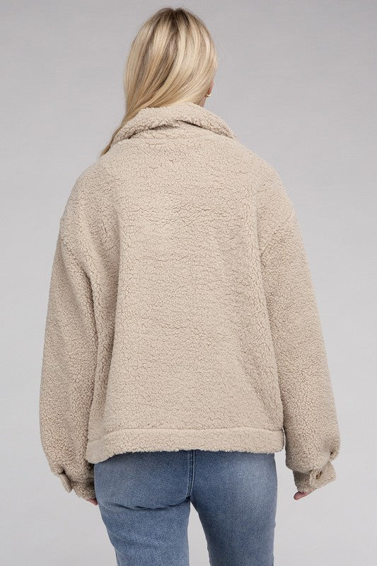 Cozy Sherpa Button-Front Long Sleeve Jacket