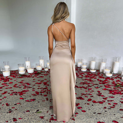 Sexy One-shoulder Slim-fit Backless Slit Satin Dress