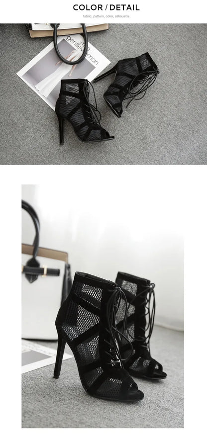 Black Mesh Lace-Up Heels - Sexy Ankle Boot Style