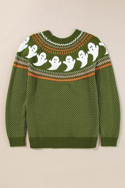 Ghost Round Neck Long Sleeve Sweater - Halloween Knit Top - Fashions Envy