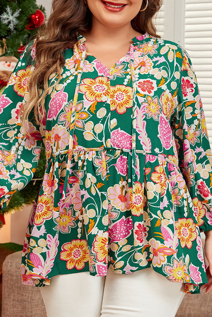 Green Floral Tied V Neck Long Sleeve Plus Size Babydoll Top